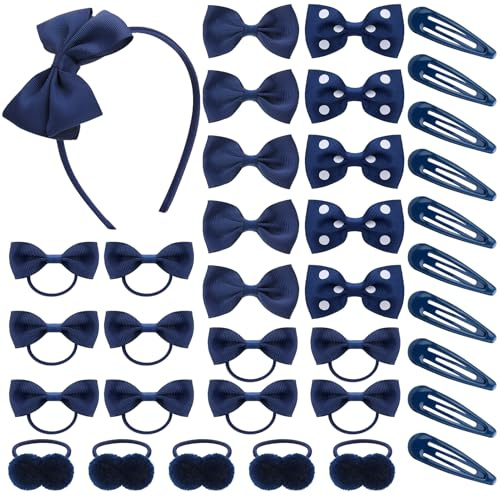 ViEinkaufen 36 Pcs Navy Blue Girls School Hair Accessories with Bow Headband, Clips & Elastic Bands Set for Girls Daily and Special Occasions
