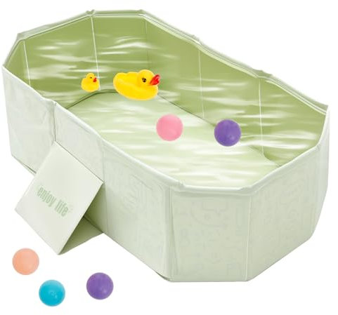 Bañera de bebé plegable, la bañera de bebé plegable con desagüe y pies de soporte, para niños pequeños con 5 bolas, 2 patos, Antideslizante Bebés para Niños de 0 a 8 Años ducha portátil (verde)