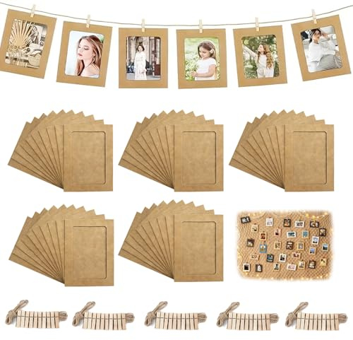 Hexizexi 50 Piezas 3 pulgadas Marcos de Cartón para Fotos 9x9.5cm Guirnalda Fotos Marrón con 50 Pinzas de Madera y 5 Rollos de Cuerda de Cáñamo Adecuado para Cumpleaños Bodas Decoraciones