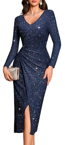 Bbonlinedress Women Sequin Cocktail Maxi Split Dress Glitter Wedding Guest Formal Wrap Long Evening Party Prom Gown Navy XL