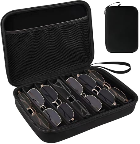 VEGOATY Boîte à lunettes de voyage pour plusieurs lunettes - 27 x 20 x 6 cm Boîte à lunettes rigide en EVA Organisateur avec 7 compartiments ajustables, étui pour lunettes de soleil pour femmes et