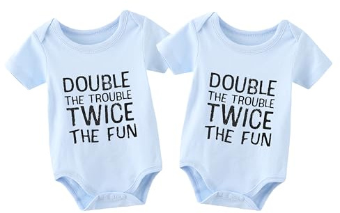 YSCULBUTOL Baby Twins Bodysuit Double The Trouble Twice The Fun Newborn Clothes Infant Twin Romper Unisex Outfits(Blue 6m)