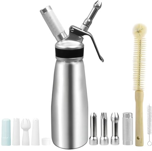 HFZCV Sahnespender 500 ml aus Aluminium, Sahnebereiter mit 6 Dekordüsen, Schutzkappe und Reinigungsbürsten, Auslaufsicherer Sahnesiphon für Desserts und Kaffee