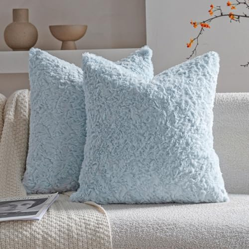 Neelvin 2er Set Kissenbezug Kunstpelz Pelz Plüsch Dekorative Kissenbezüge Sofakissen Kuschelig weich Couchkissen Dekokissen für Couch Sofa Wohnzimmer Schlafzimmer blau 50 x50 cm