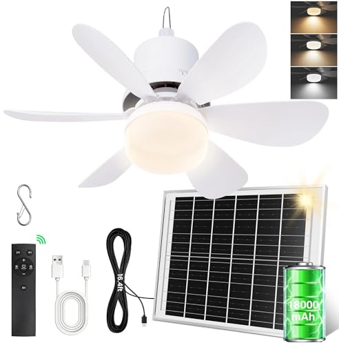 Solar Ceiling Fan Light, 18000mAh Outdoor Ceiling Fan with Remote, Solar/Type-C Charging, Timing 3-Speed, 3CCT & 5-Brightness, Portable Solar Powered Fan for Gazebo, Canopy, Tent, Patio, Camping
