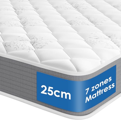 EarthyHome Matelas 140x200 - Hauteur de 25 cm - Mousse à mémoire - Soutien en 7 Zones - Tissu Respirant - Fermeté Moyenne - Design Ergonomique - Matelas à Ressorts ensachés - Oeko-tex Certification