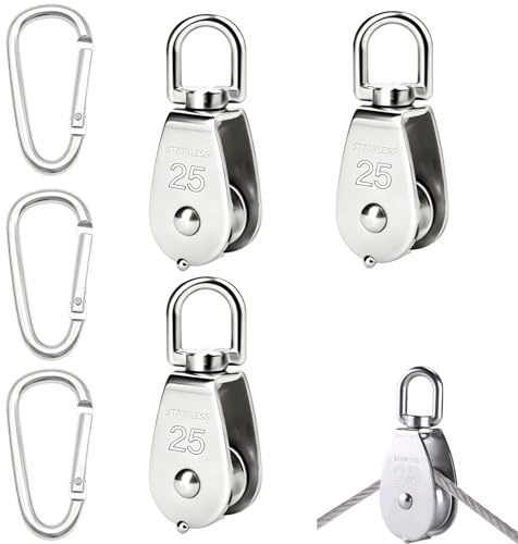CSVZKIAY Set 6 pulegge in Acciaio Inox con moschettoni, 3 pulegge M25 e 3 Ganci M6 ad Alta Resistenza per Corde carrucole Sollevamento Giardinaggio edilizia e attività Outdoor