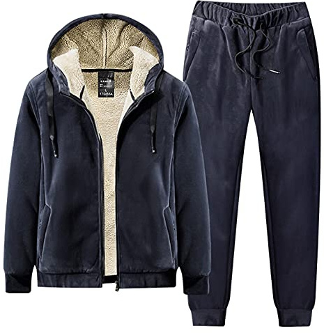 amropi Chándal de Hombre Chaqueta de Lana con Capucha y Pantalones Conjunto de Invierno M,Marino