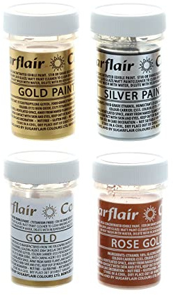 Sugarflair Metallic Food Paint Multipack of 4, Edible Paint for Cakes - 4 Colours; Gold, Silver, Rose Gold & Titanium Free Gold (20g Each)