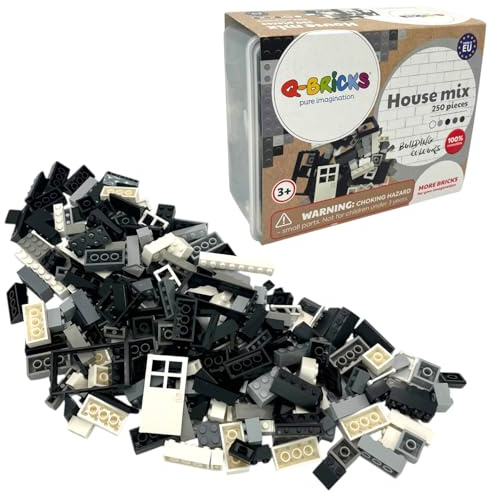 Bausteine Box Hausmischung- Schwarz-Weisser Farben | 250 Stk. Bausteine in 17 Formen | 6 Farben: Verkehrsschwarz, Staubgrau, Steingrau, Fenstergrau, Reinweiß | Verpackt in einer praktischen Box