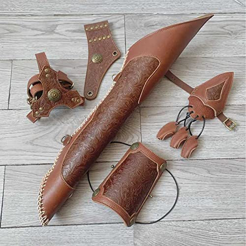 TOKILO Pfeil und Bogen handgefertigt im Freien Geschnitzte Blume Rückenköcher traditionelles Köcherzubehör Leder Taillenköcher Pfeilaufbewahrung Rucksack Schießausrüstung(Color:B)