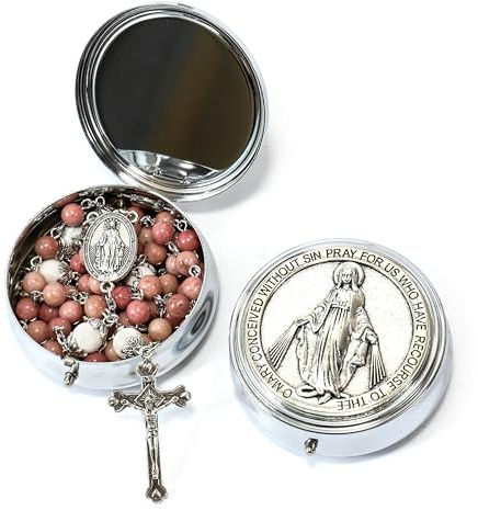 Nazareth Store Collar de rosario de cuentas de piedra católica de 6 mm con cuentas misteriosas de 8 mm, medalla milagrosa y caja de regalo de metal de Nuestra Señora de las Gracias, one size, Aleación