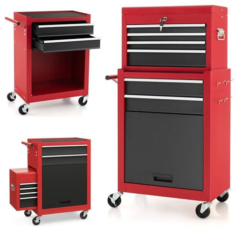 GiantexUK 2-in-1 Tool Cabinet on Wheels, Rolling Lockable Metal Tool Chest Storage Box with Detachable Top Cabinet, 6 Drawers & Hooks, Heavy-duty Toolbox Trolley for Garage Workshop (Black + Red)