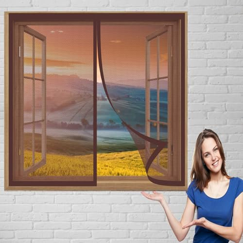 Mosquito Insects Window Screen 172 x 90 cm(68 x 35inch) Mosquito Net for Windows Mosquito Bug Protection Without Drilling Easy to Install Insect Mosquito Net Fly Screens for Windows, Brown