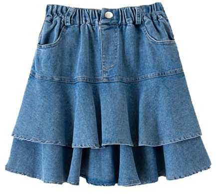 Alunsito Vaqueros para Niñas Falda Acampanada Mini Casual Cintura Alta Plisada En Capas Volantes Vaqueros Cortos Faldas Tutú para Niños Azul 10-11 Años