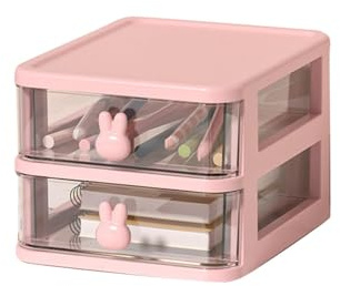 Caja de Almacenamiento de Escritorio de Varios Niveles, Cajones Transparentes de Plástico con Mango de Conejito, Organizador de Gran Capacidad (Rosa, 2 capas)