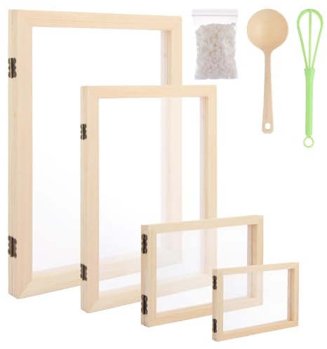 ZOFUN 4 Pcs Paper Making Kit, 4 Size Wooden Papers Frame with Blenders and Spoons, Wood Papers Making Screen Kit for DIY Paper Craft, Handcraft