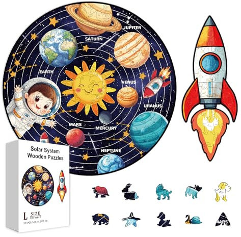 GLOBLELAND 200Pcs Solar System Planet Wooden Jigsaw Puzzles for Adults Colorful Rocket Wood Jigsaw Puzzles for Holidays Birthday