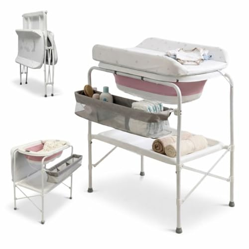 BATHBY Bañera Bebé con Patas Multifuncional 6 en 1: Plegable con Soporte, con Termómetro, Cojín Reductor, Cambiador, Bandeja y Cesta Organizadoras, Desagüe con Tubo y Soporte para Ducha (Rosa Pro)