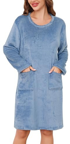Vlazom Women's Fleece Nighties Warm Nightdresses with Pockets S-XXL | Long Sleeve Fluffy Winter Nightshirt Warm Nightgown Sleepwear for Cold Weather