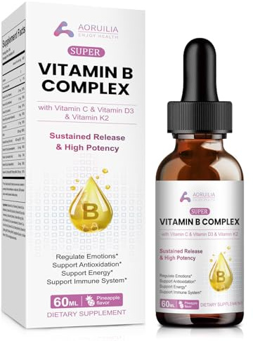 Vitamin B Complex Liquid Drops, 11 in 1 B Complex Vitamins High Strength with B1, B2, B3, B5, B6, B7, B9, B12 - Vitamin C, D3, K2 for Immune & Energy Metabolism, Brain & Heart Support, 60ml