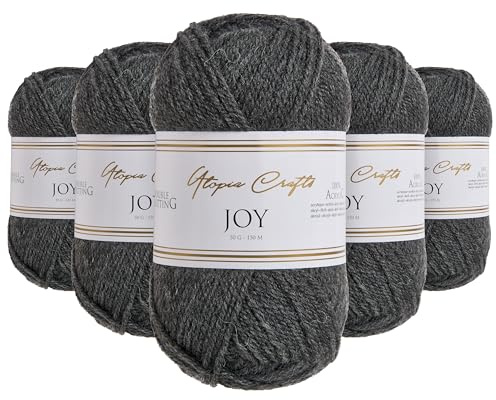 Utopia Crafts JOY – Fil DK 100% Acrylique pour Tricot & Crochet – Aiguilles n°4 – Pack 5 Pelotes de 50g – Oeko-Tex Standard 100 – Bonnet, Écharpe, Couverture, Amigurumi, Gris anthracite