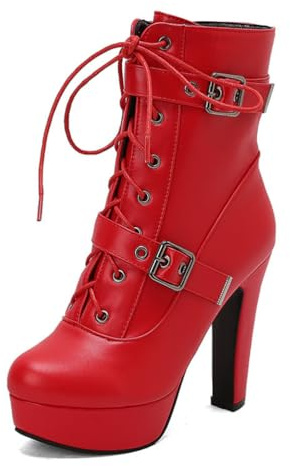 Botines De Plataforma De Cuero PU Negro para Mujer con Cremallera Cordones Botines con Doble Hebilla Tacón Grueso De Bloque Botas Punk,Rojo,45 EU