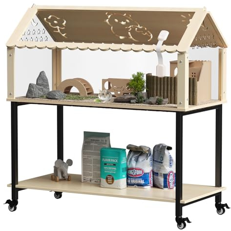 Gabbia per criceti in legno con acrilico, gabbia per criceti nani, 60 x 40 x 40 cm, villa per criceti, piccoli animali con coperchio apribile e scaletta, gabbia per topi per porcellini d'India