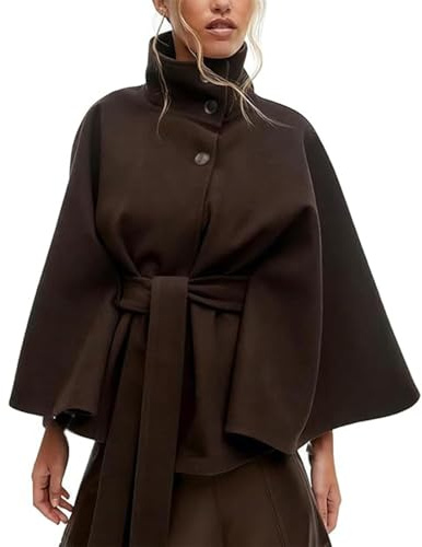 Generisch Poncho pour femme avec manches chauve-souris, caban en laine avec col montant et ceinture, veste cape, caban court avec ceinture pour l'automne et l'hiver, marron, S