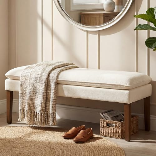 DAYALANE Banc Bout de Lit Bois Massif Banquette d'Entrée en Chenille Banc Ottoman Vintage pour Entrée/Salon/Chambre, Blanc