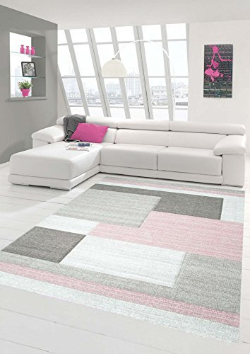 Traum Designerteppich Moderner Wohnzimmerteppich Kurzflor Mit Konturenschnitt Karo Muster Pastellfarben Rosa Beige, Größe 80x150 cm