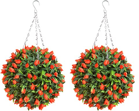 Pair of Best Artificial TULIP Flower Balls Lush Long Leaf Topiary Grass (28cm, Orange)