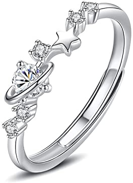 KristLand - Estrella Planetas S925 Anillo de Plata de Ley para Mujer, Anillo Ajustable con Circonita Cúbica Brillantes Cumpleaños para Damas Novia Niñas
