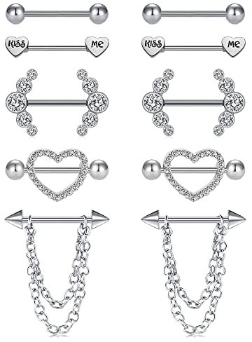 Mayhoop 14G Brustwarzenpiercing Nippelpiercing Nippel Bar Nippel Ring Chirurgenstahl Herz Diamant Kisse Me Nippel Piercing Schmuck für Damen Silber 5 Paar