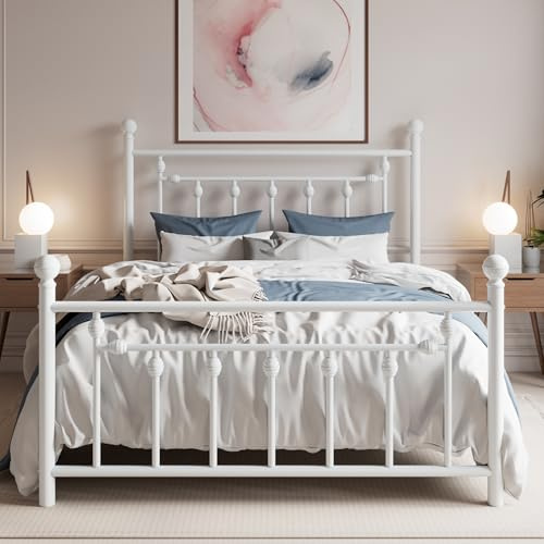 SHA CERLIN 14 Full Size Metal Platform Bed Frame/Victorian Headboard and Footboard/Steel Slats Mattress Foundation for Storage/No Box Spring Needed/Noise Free/White
