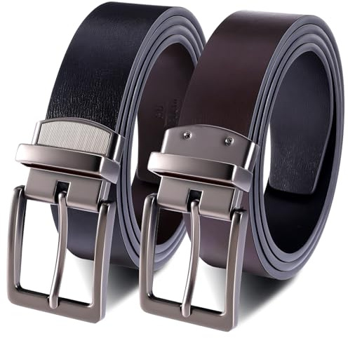 Zuimei Mens Reversible Leather Belt, Men's Belt with Rotated Buckle, Adjustable Trim to Fit, Great for Suits, Jeans, Casual & Business Work, Black & Coffee
