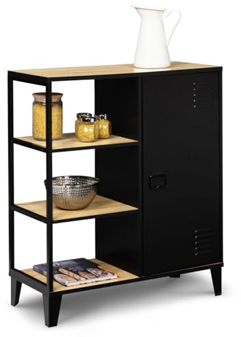 IDMarket - Buffet d'appoint 3 étagères et Placard métal Noir et Plateau Bois 70 cm Ester Design Industriel