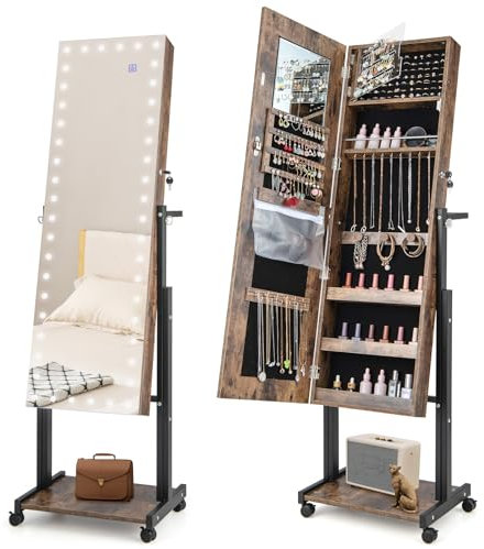 COSTWAY Armoire à Bijoux à Roulettes Hauteur Réglables, Miroir Pleine Longueur avec Lumières LED, Interrupteur Tactile, Verrouillable, Roues Universelles(Marron Rustique)