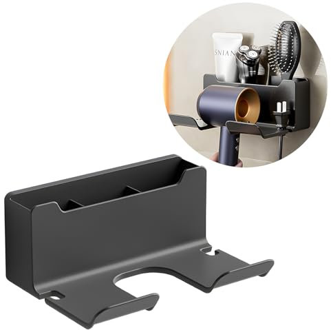 Supporto per asciugacapelli senza foro, supporto per asciugacapelli in bagno, supporto da parete per asciugacapelli con vano portaoggetti e porta cavo, supporto per asciugacapelli senza foro nel