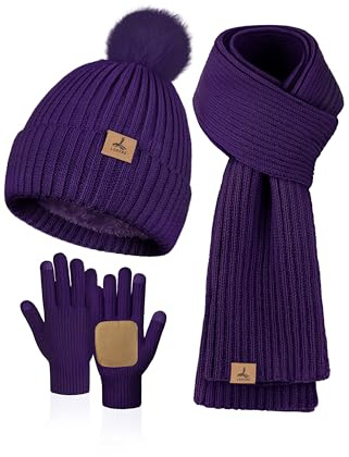 LOROME Set invernale da donna, berretto e sciarpa, guanti, in pile lavorato a maglia, con pompon e sciarpa calda, guanti touchscreen, regalo invernale, Viola, 5 1/8-7 7/8