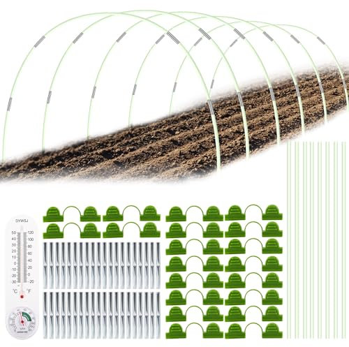 ASOFTY Pflanztunnel Bögen, 50 Stück Fiberglasstäbe mit 40 Verbindungsrohre, 32 Gewächshausfolienklemmen und Thermometer, Tunnelbögen Hochbeet, Gewächshaus Tunnelbogen für Pflanzen, Obst, Gemüse