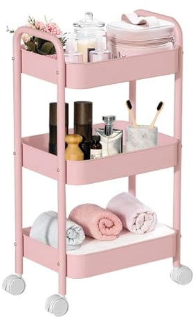 MEETOZ 3-Tier Rolling Utility Cart with Caster Wheels, Easy Assembly for Kitchen, Bathroom (Pink)