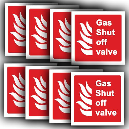 8 Pack - Gas Shut Off Valve Marker Sticker - 100mm x 100mm - Gas Safety Label Decals