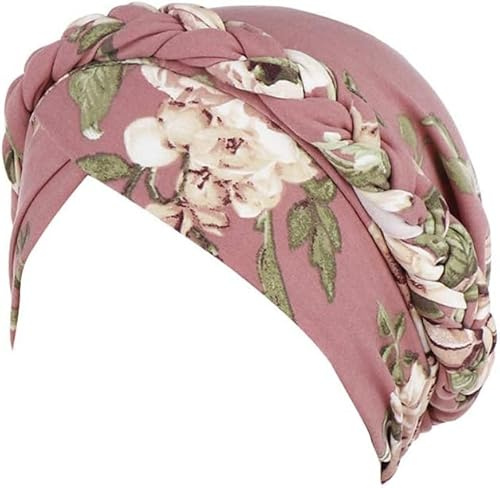 Deeke Damen Turban-Kopftuch, Baumwolle, Polyester, Spandex, Beanie, Twist-Kopftuch, vorgebunden, doppelt gedrehte Zöpfe, Wickelmütze, Chemo-Krebskappe, hellrosa, One Size