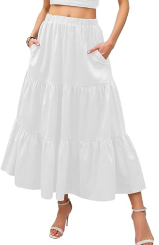 Neteson Falda de Mujer Larga Elegante Maxi Falda Midi Plisada Verano de Cintura Alta Elástica con Bolsillos Línea A para Vacaciones Playa Informal Holgada