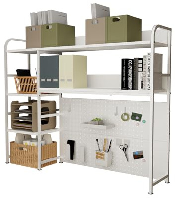 Boltmol 2-Tier Desk Shelf with storage rack,White 110CM, Desktop Organizer With Pegboard, Countertop Storage Bookcase For Home, Office Or Dorm