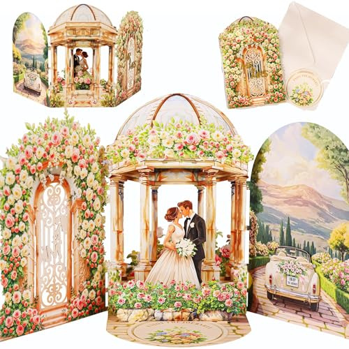 Carte de mariage 3D pop-up avec couple de mariés et voiture Just Married, carte mariage félicitation, carte de vœux romantique pour mariag, engagement, carte cadeau de Mariage avec enveloppe élégante