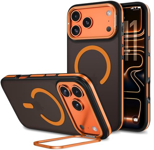 BENTOBEN Magnetic Case for iPhone 17 Pro Max [Compatible with Magsafe], Built-in Stash Stand Military Protection Stronger Magnetic Translucent Matte Shockproof Case for iPhone 17 Pro Max, Black/Orange