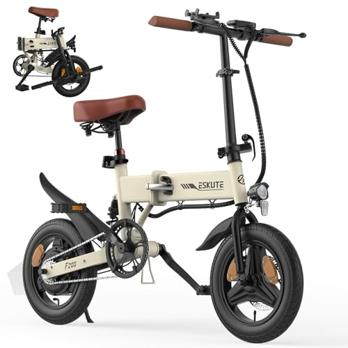 ESKUTE F200 Electric Folding Bike, 14 Electric Commuter Bicycle 36V 7.8Ah Battery, Range 30 Miles, Mini Folding Ebike with Phone Holder & USB Port, LCD Display, Foldable Ebike for Teens/Adults