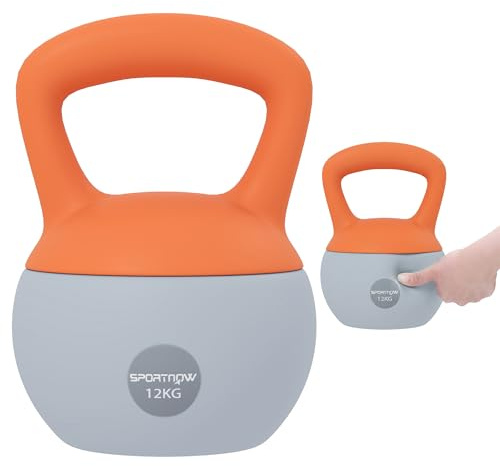 SPORTNOW Kettlebell 12 kg, Kettlebell morbido con riempimento di sabbia metallica e impugnatura antiscivolo, per l'allenamento domestico di bodybuilding, fitness, arancione e grigio